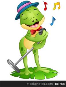Cartoon frog singing on a leaf