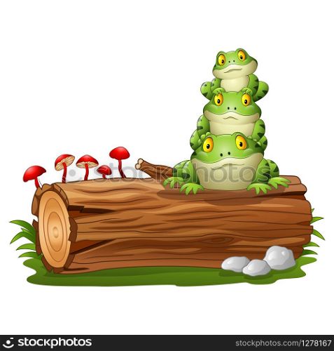 Cartoon frog stacked on tree log