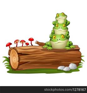 Cartoon frog stacked on tree log