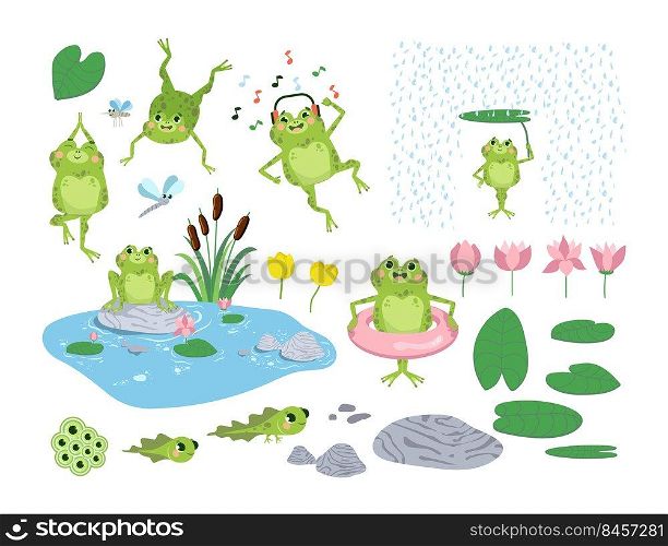 Cartoon frogs and tadpoles flat vector illustrations set. Cute green toads jumping, listening to music, pond, rocks, leaves and flowers isolated on white background. Nature, wildlife, animals concept