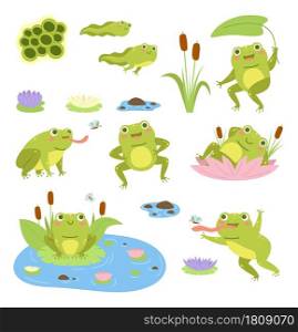 Cartoon frogs. Cute water reptiles, funny amphibians in different poses, tadpoles and toad, lilies and butterflies. Wild fauna collection happy frogling in reeds, vector flat style mascot isolated set. Cartoon frogs. Cute water reptiles, funny amphibians in different poses, tadpoles and toad, lilies and butterflies. Wild fauna, happy frogling in reeds, vector flat style mascot isolated set