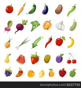 Cartoon fruit and vegetables organic healthy big vector icons collection. Cartoon fruit and vegetables organic healthy. Vector icons collection of fruit cherry, pomegranate and kiwi. Set of vegetables eggplant, carrot and cucumber illustration