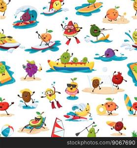 Cartoon fruit characters seamless pattern. Cute berry personages on summer beach vacation vector background. Happy apple, orange, tropical mango and pineapple, exotic jackfruit and feijoa backdrop. Cartoon fruit characters seamless pattern, vector