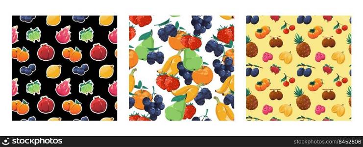 Cartoon fruit pattern. Seamless print of fresh exotic fruits, organic nutrition cover with mixed citrus apple strawberry banana pomegranate. Vector texture of exotic fruit bright colorful illustration. Cartoon fruit pattern. Seamless print of fresh exotic fruits, organic nutrition cover with mixed citrus apple strawberry banana pomegranate. Vector texture