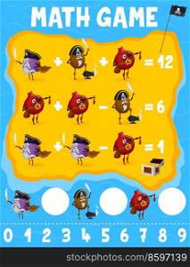 Cartoon fruit pirate and corsair characters, math game worksheet, vector kids puzzle. Education riddle or math game with plum, kiwi and pomegranate in pirate hats for mathematics and count skills. Cartoon fruit pirate corsairs, math game worksheet