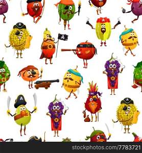 Cartoon fruit pirates and corsairs characters seamless pattern, vector background. Funny tropical fruits pirates, durian, grape and lychee with plum in captain hat and pirate Jolly Rroger flag. Cartoon fruit pirates, corsairs characters pattern