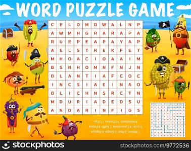 Cartoon fruit pirates characters on treasure island word search puzzle game worksheet. Vector kids quiz grid, riddle or maze with funny fruity food, papaya, lychee, fig and grapes, durian and feijoa. Cartoon fruit pirate characters word search puzzle