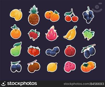 Cartoon fruit stickers. Fresh colorful organic fruits graphic bundle, sprite game asset of apple, apricot strawberry pineapple pomegranate raspberry. Vector set of organic food fresh illustration. Cartoon fruit stickers. Fresh colorful organic fruits graphic bundle, sprite game asset of apple, apricot strawberry pineapple pomegranate raspberry. Vector set