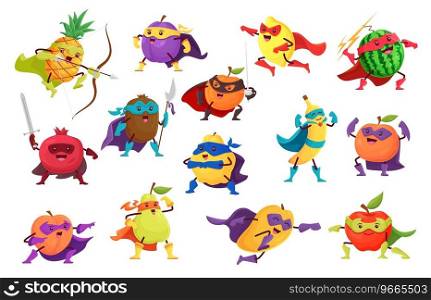 Cartoon fruit superhero and defender characters. Vector farm berry food super hero personages in costumes and capes. Funny banana, lemon, apple and peach, plum, watermelon and pineapple superheroes. Cartoon fruit superhero and defender characters