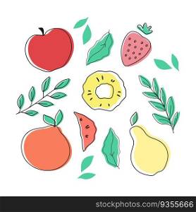 Cartoon fruits and leaves isolated on white background. Vector illustration