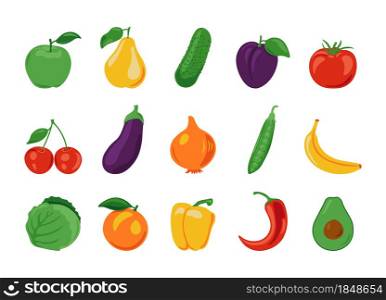 Cartoon fruits and vegetables. Fresh organic farm food, isolated vegan salad ingredients. Vector illustration healthy bright set isolated seasoned crop. Cartoon fruits and vegetables. Fresh organic farm food, isolated vegan salad ingredients. Vector healthy set