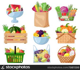 Cartoon fruits and vegetables in basket, shopping bag, bowl, boxes. Grocery shopping packed organic fresh veggies and fruits vector illustration set. Fresh food pack. Cartoon food basket with fruits. Cartoon fruits and vegetables in basket, shopping bag, bowl, boxes. Grocery shopping packed organic fresh veggies and fruits vector illustration set. Fresh food pack