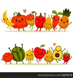 Cartoon fruits and vegetables in group. Vector happy mascots with smiling faces. Happy fruit and vegetable, illustration of cartoon character natural fruits. Cartoon fruits and vegetables in group. Vector happy mascots with smiling faces