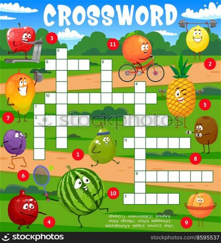 Cartoon fruits characters go in for sports crossword puzzle game grid. Find a word quiz vector worksheet on background of sport area with apple, orange, mango and pineapple, watermelon, kiwi personage. Cartoon fruits go in for sports crossword game
