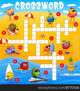 Cartoon fruits characters on summer beach vacation on crossword puzzle game grid. Find a word quiz game worksheet, child logical playing activity, kindergarten kids vector vocabulary puzzle or riddle. Crossword puzzle with cartoon fruits on beach