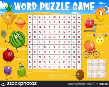 Cartoon fruits characters on summer beach. Word search puzzle game worksheet. Kids quiz grid riddle, word search game, vector puzzle with pineapple, apricot and watermelon, pomegranate, plum and pear. Cute fruits characters on beach word search puzzle