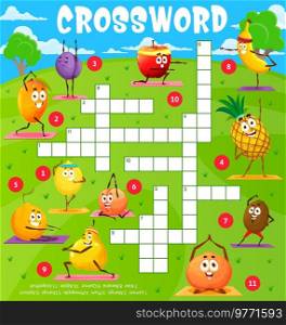 Cartoon fruits characters on yoga fitness sport crossword puzzle game grid. Find a word quiz game worksheet, intellectual game or child playing activity vector page with funny fruits doing exercises. Cartoon fruits on fitness yoga crossword puzzle