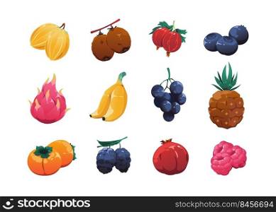 Cartoon fruits collection. Highly detailed 2D game with sweet organic snacks, kiwi gooseberry pineapple pomegranate raspberry. Vector isolated set of pineapple and grape, lemon fruit illustration. Cartoon fruits collection. Highly detailed 2D game asset with sweet organic snacks, kiwi gooseberry grape pineapple pomegranate raspberry. Vector isolated set