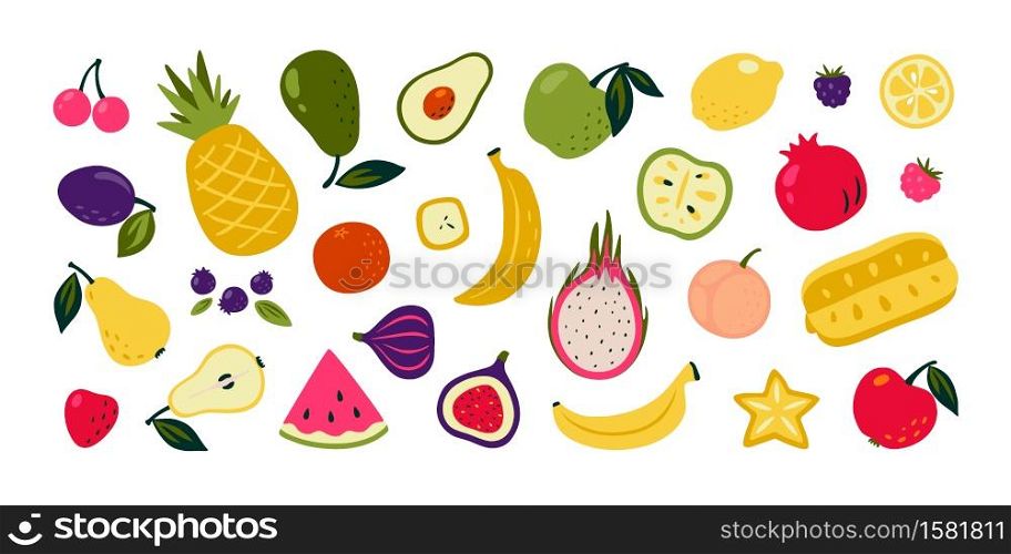 Cartoon fruits. Doodle summer berries, watermelon orange lemon, garden vegetarian organic product. Cute collection exotic delicious for wrapping paper, textile, tableware. Vector isolated tropical set. Cartoon fruits. Doodle summer berries, watermelon orange lemon, garden vegan organic product. Cute exotic delicious for wrapping paper, textile, tableware. Vector isolated tropical set