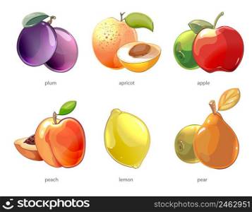 Cartoon fruits vector icons set. App≤and≤mon, peach and pear, apricot and plum illustration. Cartoon fruits vector icons set