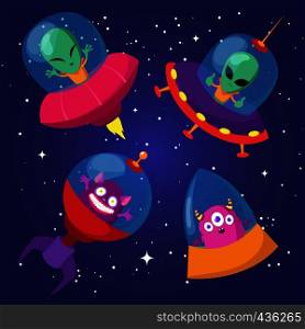 Cartoon funny aliens with ufo in duck starry sky vector set. Alien ufo spaceship in universe illustration. Cartoon funny aliens with ufo in duck starry sky vector set