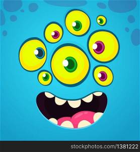 Cartoon funny and cool face with many eyes. Vector Halloween blue monster avatar with wide smile
