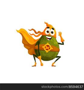Cartoon funny avocado superhero character, isolated vector vegetable or fruit super hero. Kids menu food personage in yellow cape and mask waving hand. Fairytale, healthy food. Cartoon funny avocado superhero character in cape