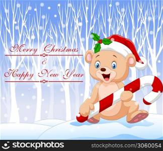 Cartoon funny baby bear holding Christmas candy. happy christmas background