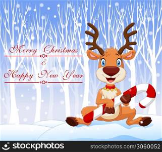 Cartoon funny baby deer holding Christmas candy. happy christmas background