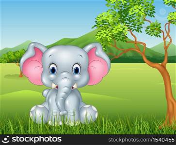 Cartoon funny baby elephant sitting in the jungle