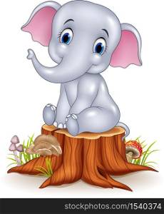 Cartoon funny baby elephant sitting on tree stump