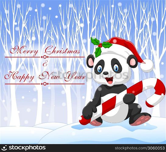 Cartoon funny baby panda holding Christmas candy with christmas background