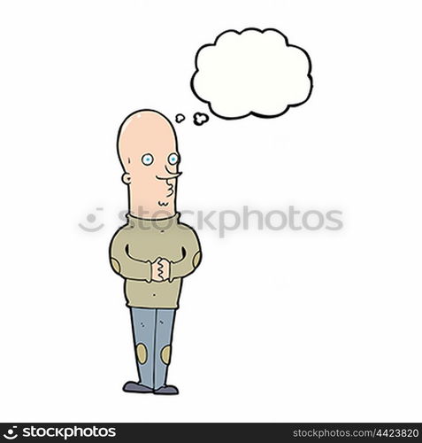 cartoon funny bald man with thought bubble