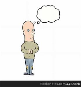 cartoon funny bald man with thought bubble