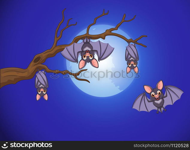 Cartoon funny bats hanging on tree with halloween background