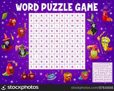 Cartoon funny berry magician and wizard characters word search puzzle game vector worksheet. Kids quiz grid with fairy fruit personages of cherry, strawberry, grapes and blueberry, raspberry, rosehip. Cartoon berry magician word search puzzle game
