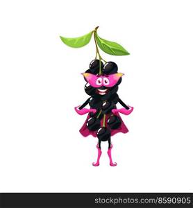 Cartoon funny bird cherry guard character or fruit food superhero personage. Vector bunch of black berries standing with arms akimbo, brave wild cherry emoji with super hero mask, cape and gloves. Cartoon bird cherry guard, superhero character