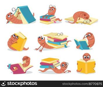 Cartoon funny book worm. Smart little caterpillar. Well read character. Cute bug with glasses. Textbook stacks. Crawling insect learns. Library and bookstore mascot. Splendid vector bookworm poses set. Cartoon funny book worm. Smart little caterpillar. Well read character. Cute bug with glasses. Crawling insect learns. Library and bookstore mascot. Splendid vector bookworm poses set