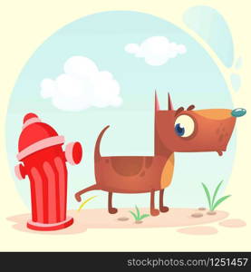 Cartoon funny brown pitbull dog pees on hydrant. Vector illustration