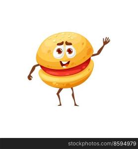 Cartoon funny burger bun character, cheeseburger fast food vector personage. Cute funny fastfood burger or hamburger, bbq restaurant or kids menu yummy smiling sandwich character. Cartoon funny burger bun character, cheeseburger