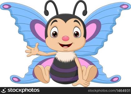 Cartoon funny butterfly sitting and waving