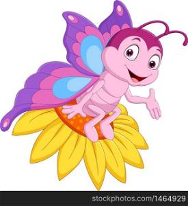 Cartoon funny butterfly sitting on the flower