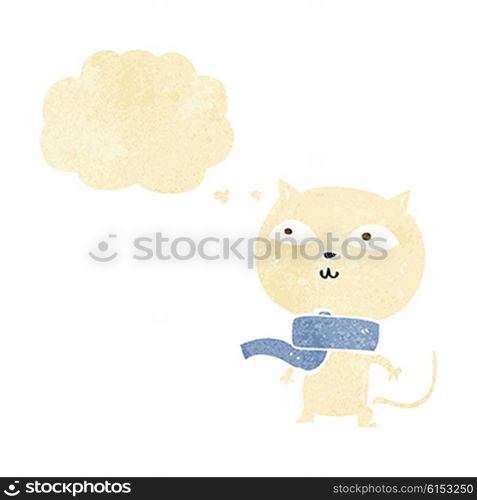 cartoon funny cat wearing scarf with thought bubble