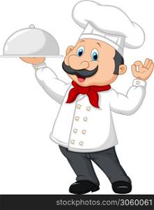Cartoon funny chef with a moustache holding a silver platter