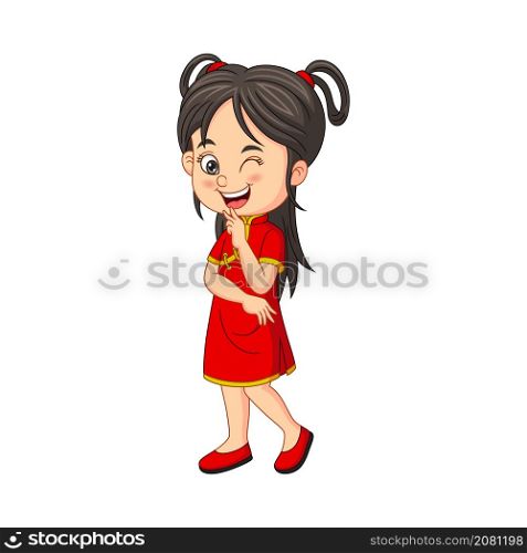 Cartoon funny chinese girl winking eye
