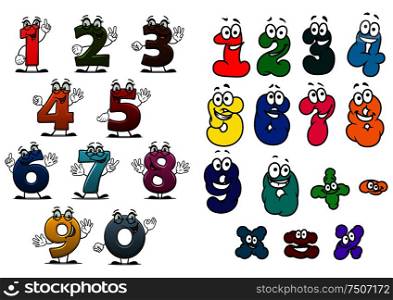 Cartoon funny colorful numbers and digits characters with happy faces for education or birthday design. Cartoon colorful numbers and digits