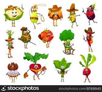 Cartoon funny cowboy, sheriff, robber bandit and ranger vegetables, vector characters. Carrot, pumpkin and tomato with avocado in Western ranger hat with revolver guns and cowboy lasso. Cartoon funny cowboy vegetables, sheriff or ranger