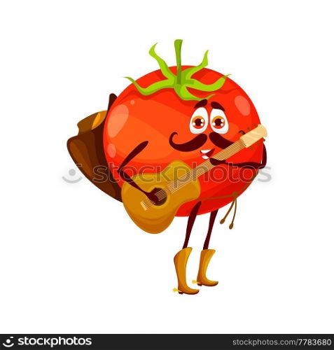 Cartoon funny cowboy tomato playing guitar, vegetable sheriff or ranger fresh character. Vector funny veggies wear hat and boots with string instrument. Isolated fantasy wild west plant personage. Cartoon funny cowboy sheriff tomato playing guitar