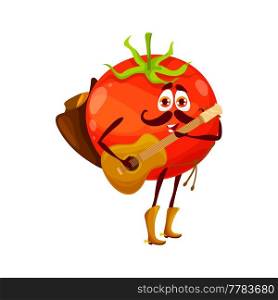 Cartoon funny cowboy tomato playing guitar, vegetable sheriff or ranger fresh character. Vector funny veggies wear hat and boots with string instrument. Isolated fantasy wild west plant personage. Cartoon funny cowboy sheriff tomato playing guitar