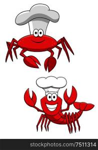 Cartoon funny crustacean chefs characters with red crab and shrimp in cook hats. Use as addition to children books, mascot, seafood or restaurant menu design. Cartoon red crab and shrimp chefs in cook hats